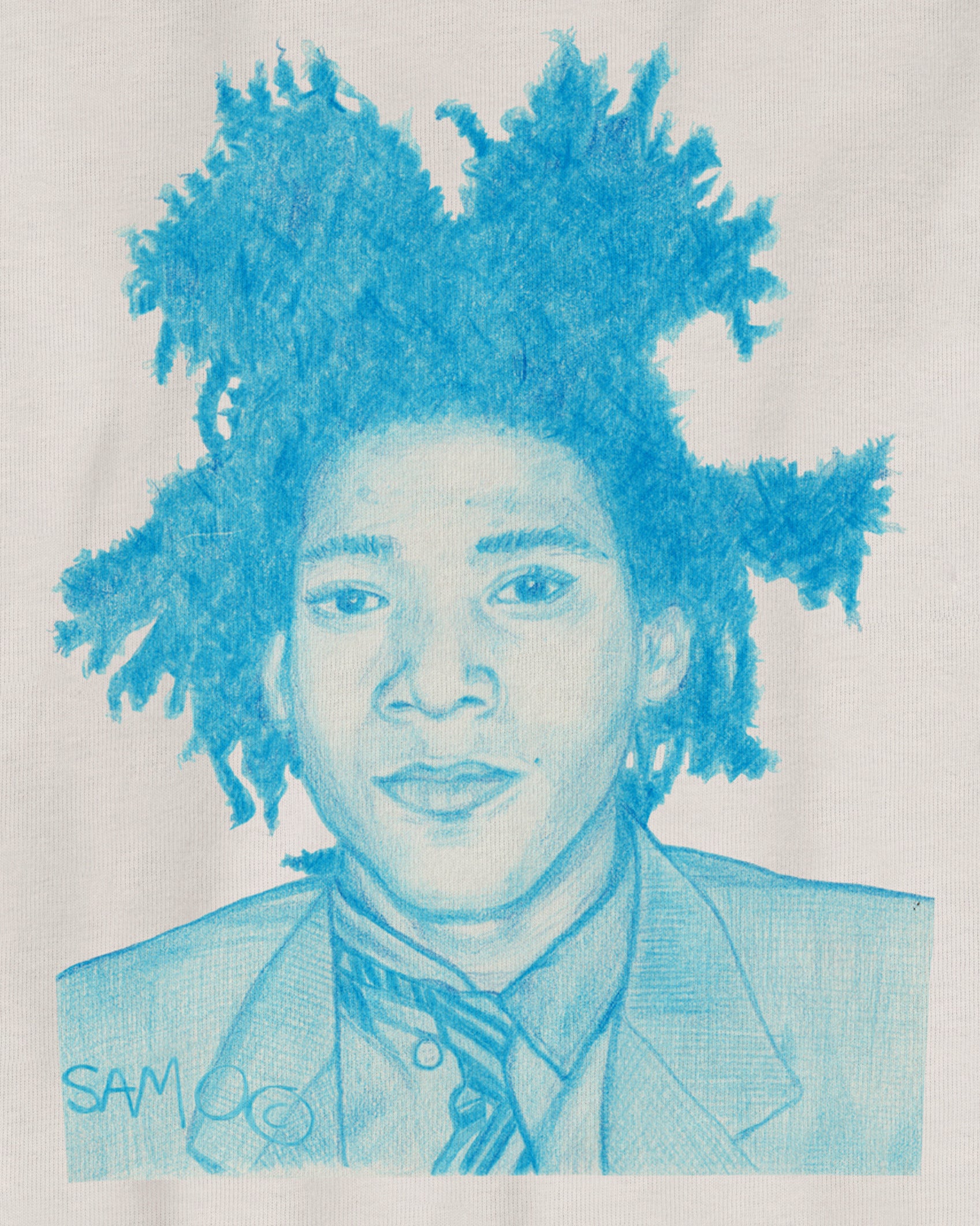 Off White Organic Short Sleeve 100% Cotton Tee with original drawing print of the artist Jean-Michel Basquiat in blue
