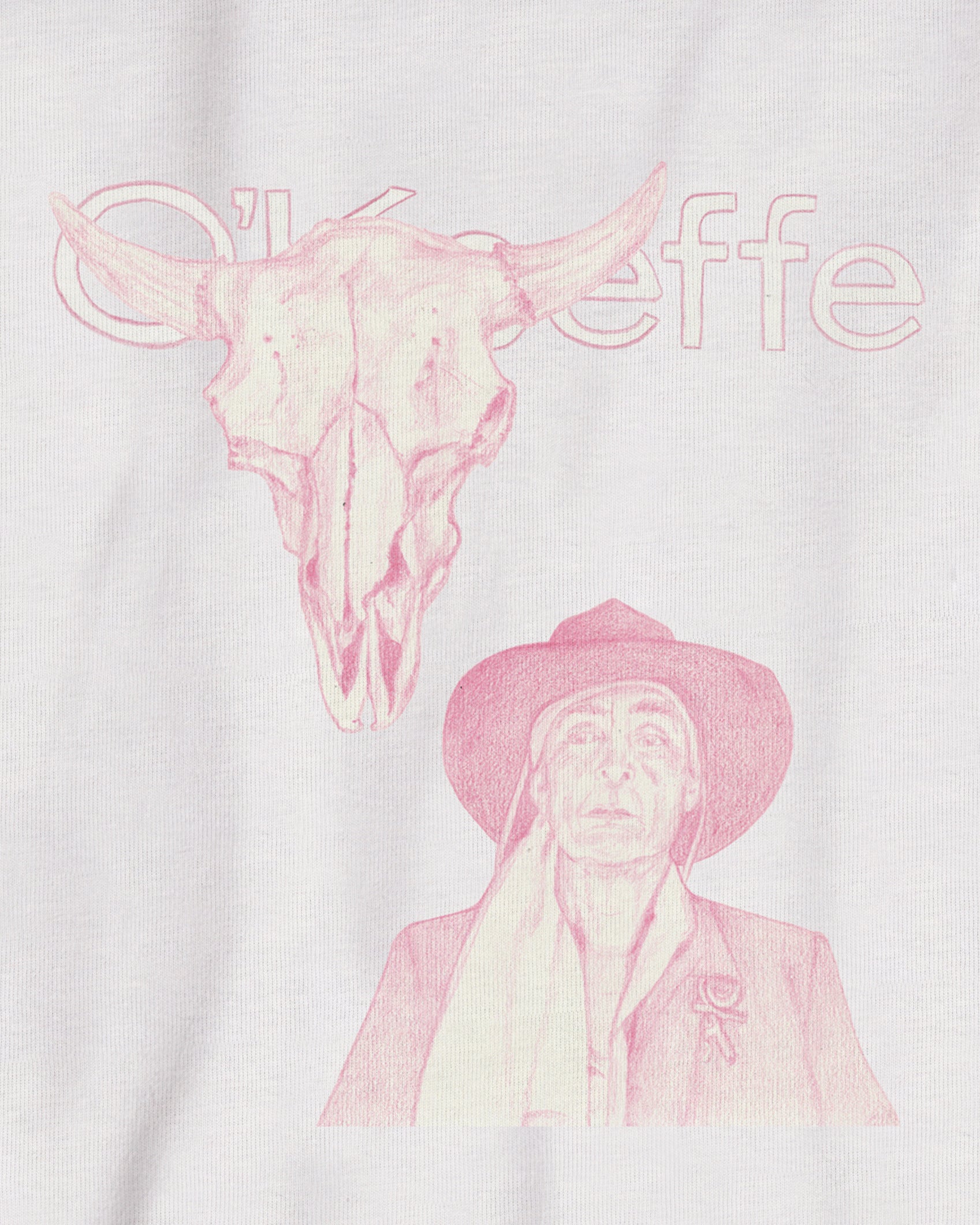 White Organic Short Sleeve 100% Cotton Tee with original drawing print of the artist Georgia O’Keefe in pink