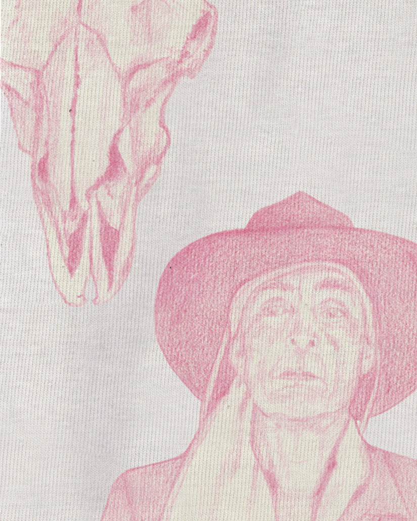 White Organic Short Sleeve 100% Cotton Tee with original drawing print of the artist Georgia O’Keefe in pink