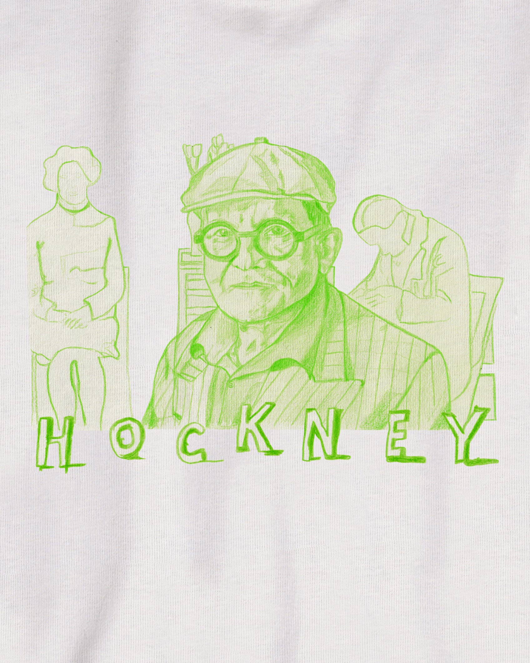 drawing print of the artist David Hockney in green.
