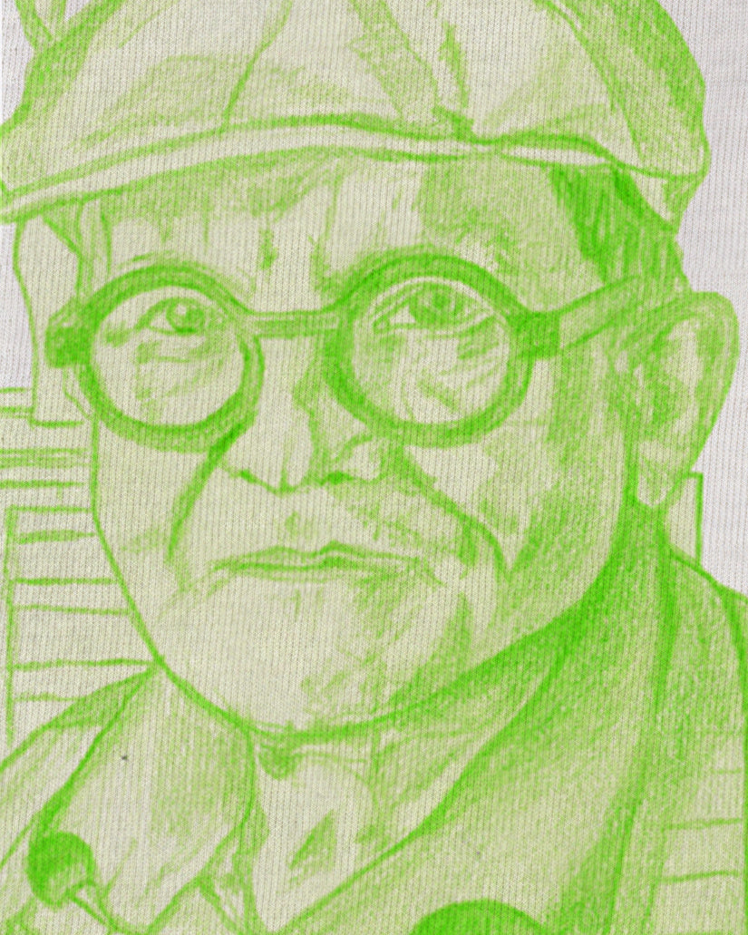 drawing print of the artist David Hockney in green.