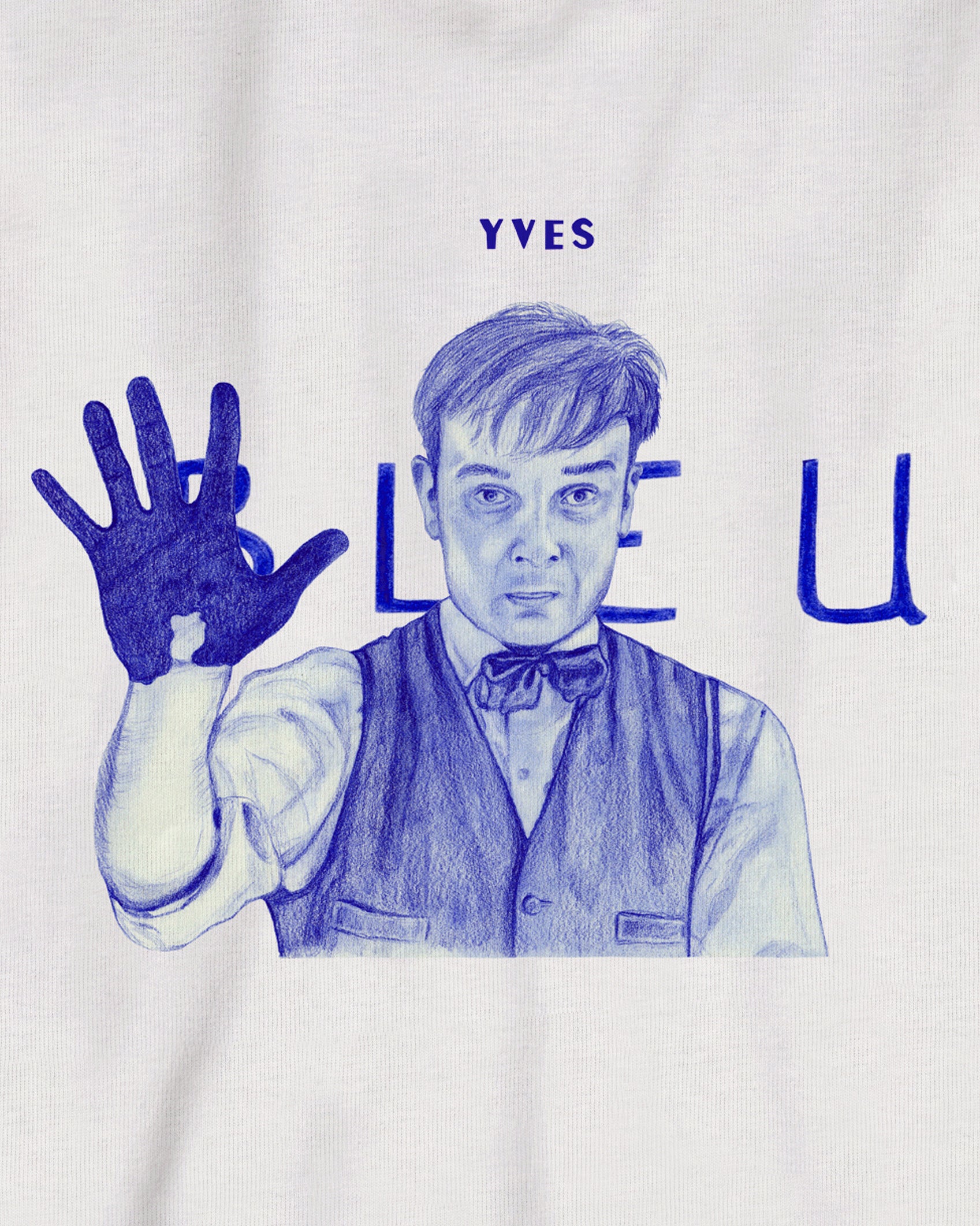White Organic Short Sleeve 100% Cotton Tee with original drawing print of the artist Yves Klein in Klein blue