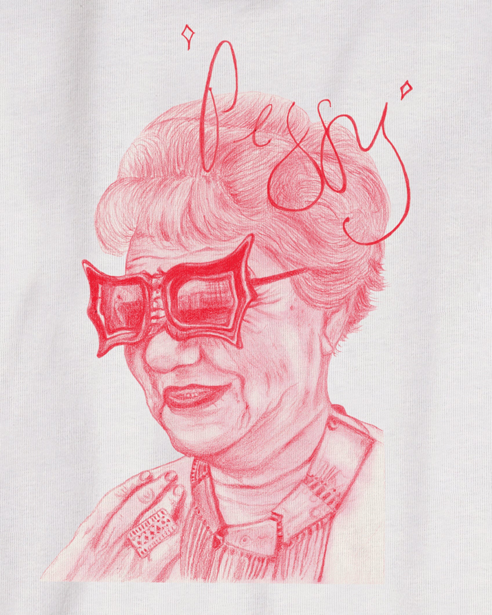 White Organic Short Sleeve 100% Cotton Tee with original drawing print of the art collector Peggy Guggenheim in red