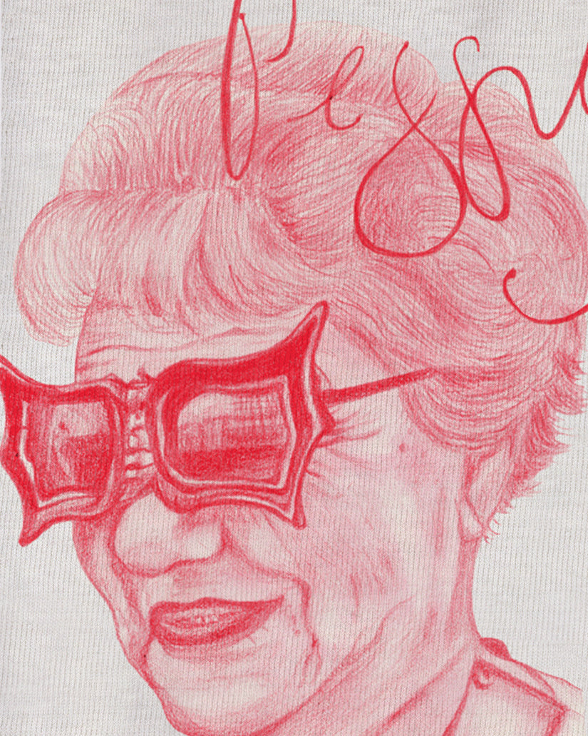 White Organic Short Sleeve 100% Cotton Tee with original drawing print of the art collector Peggy Guggenheim in red