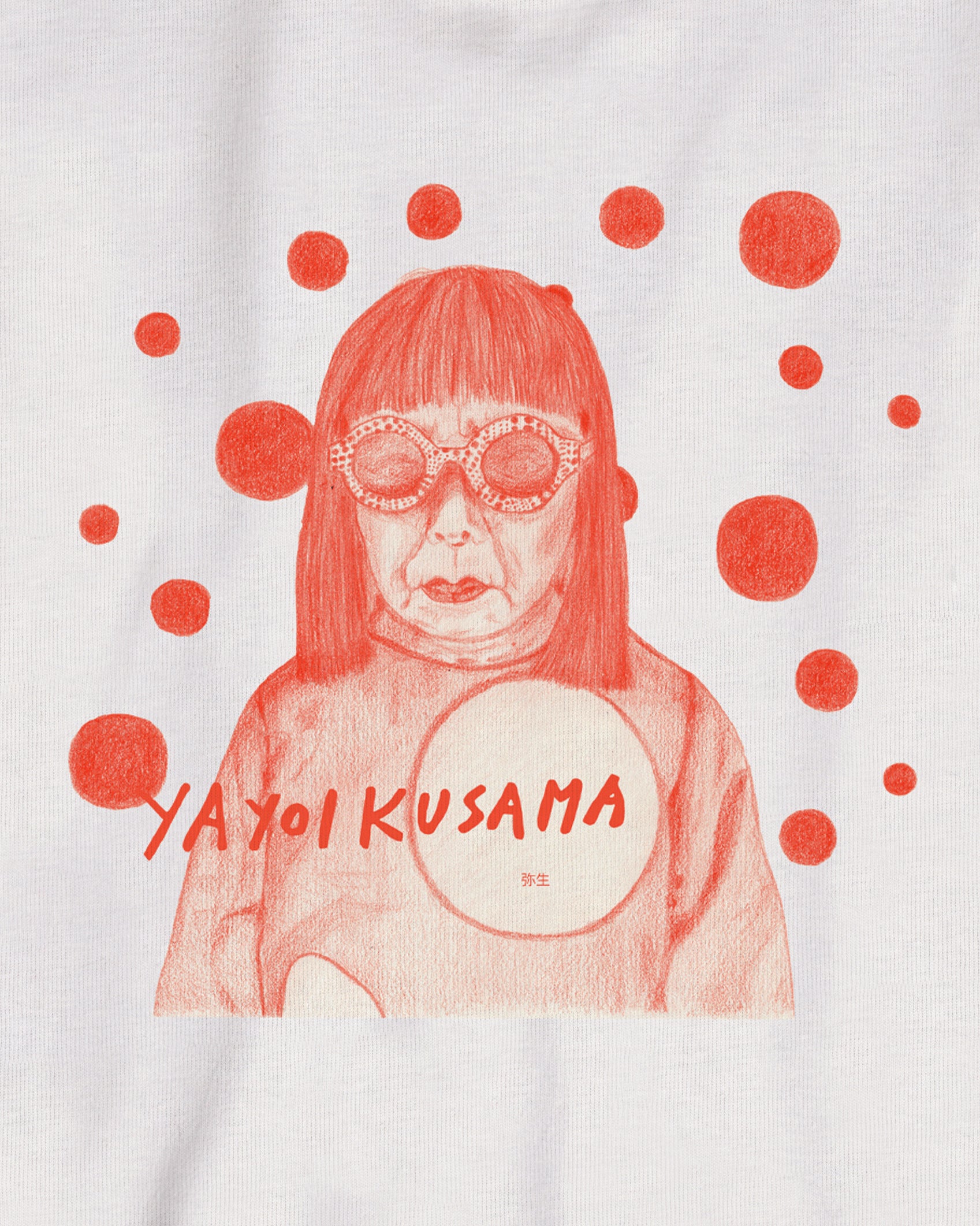 White Organic Short Sleeve 100% Cotton Tee with original drawing print of the artist Yayoi Kusama in orange