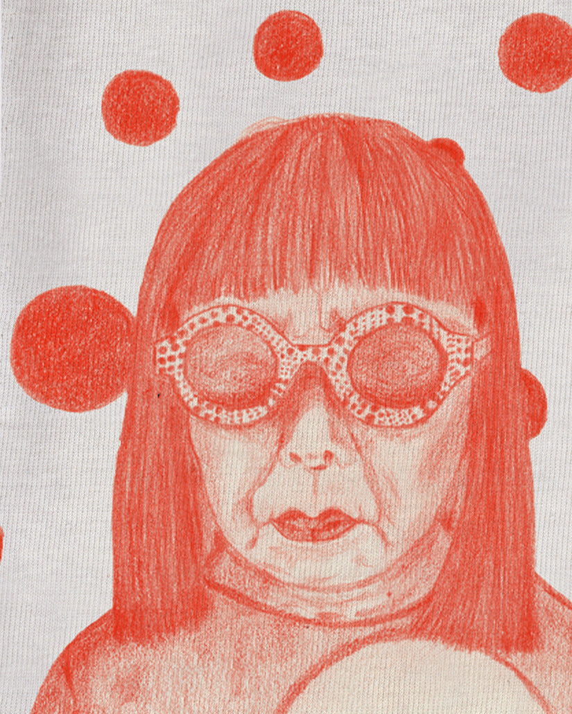 White Organic Short Sleeve 100% Cotton Tee with original drawing print of the artist Yayoi Kusama in orange