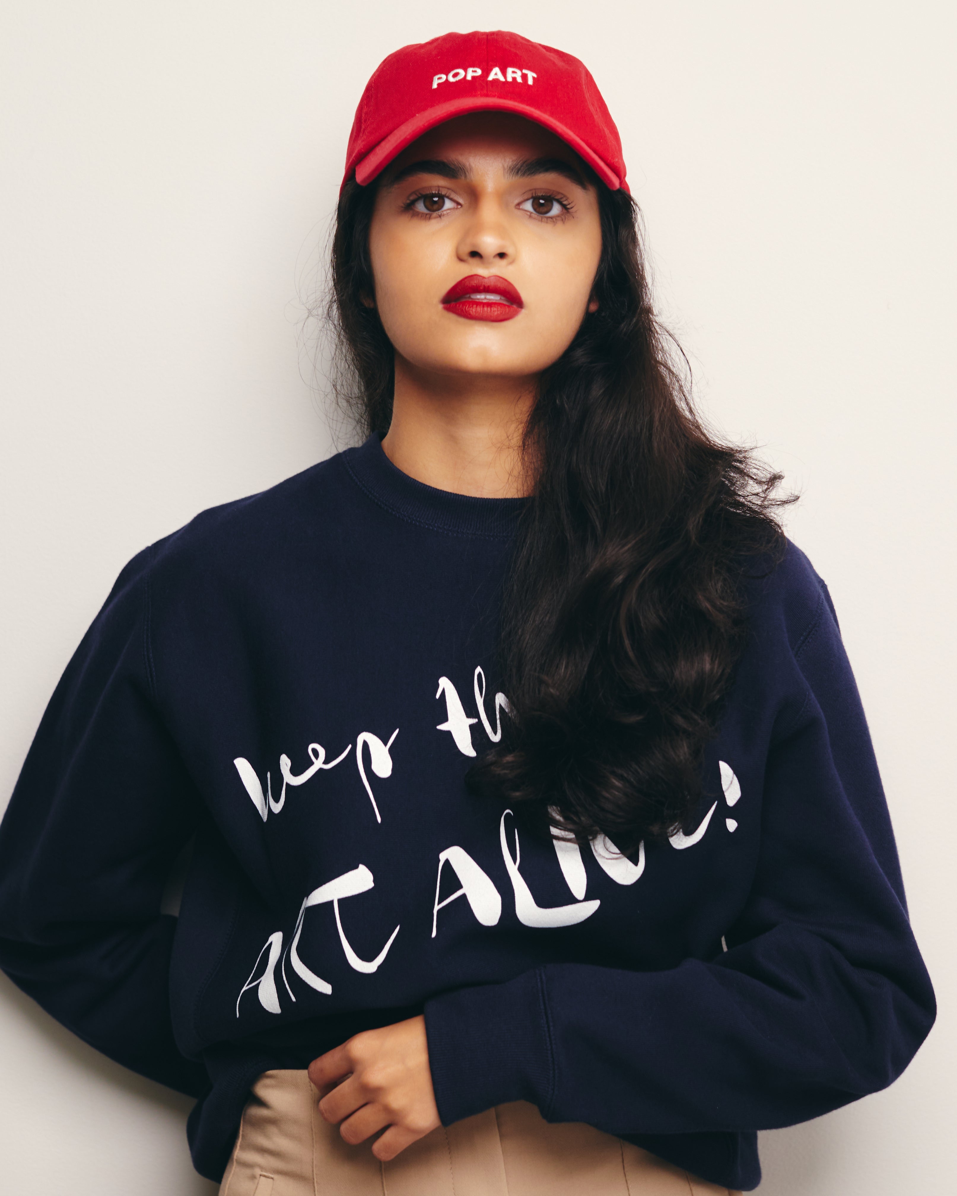 Mira Bhat wears wears Navy / Blue Keep The Art Alive New Wave Printed Heavyweight Sweatshirt/ Crewneck French New Wave Inspired