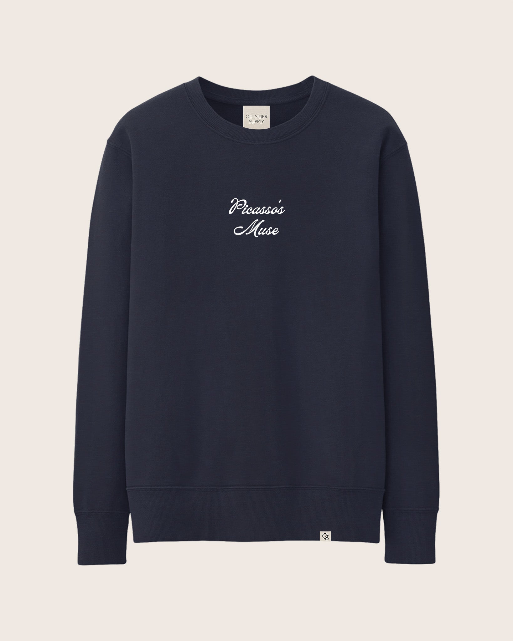 Navy / Blue Heavyweight Sweatshirt / Crewneck with embroidered script of Picasso’s Muse.