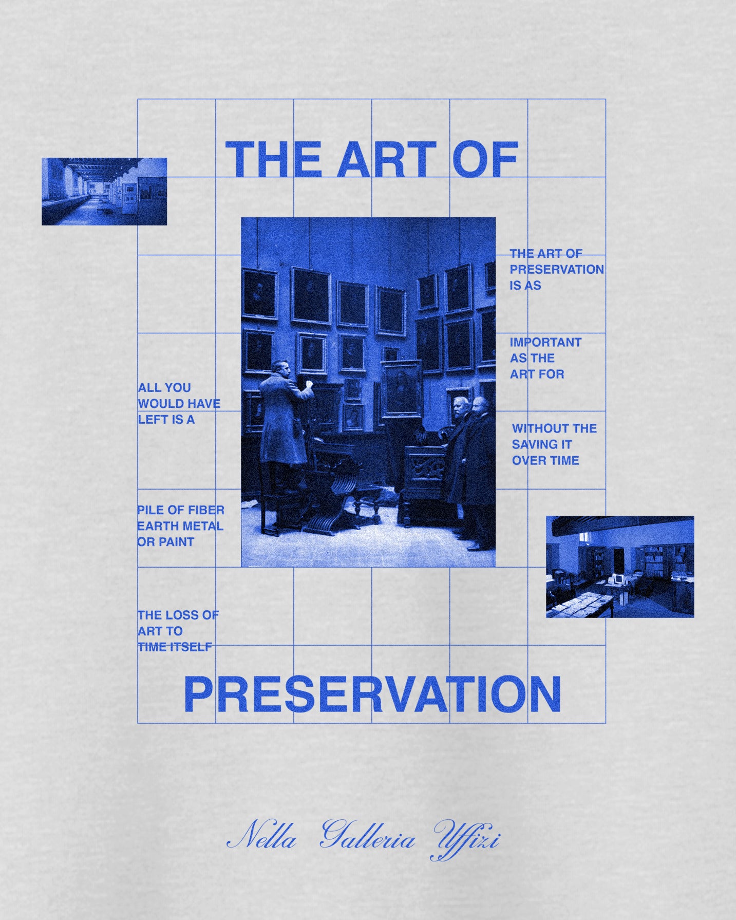 Gray Heavyweight Sweatshirt / Crewneck with Graphic Print of Mona Lisa in Yves Klein Blue Art Of Preservation Uffizi Gallery Renaissance Art Movement
