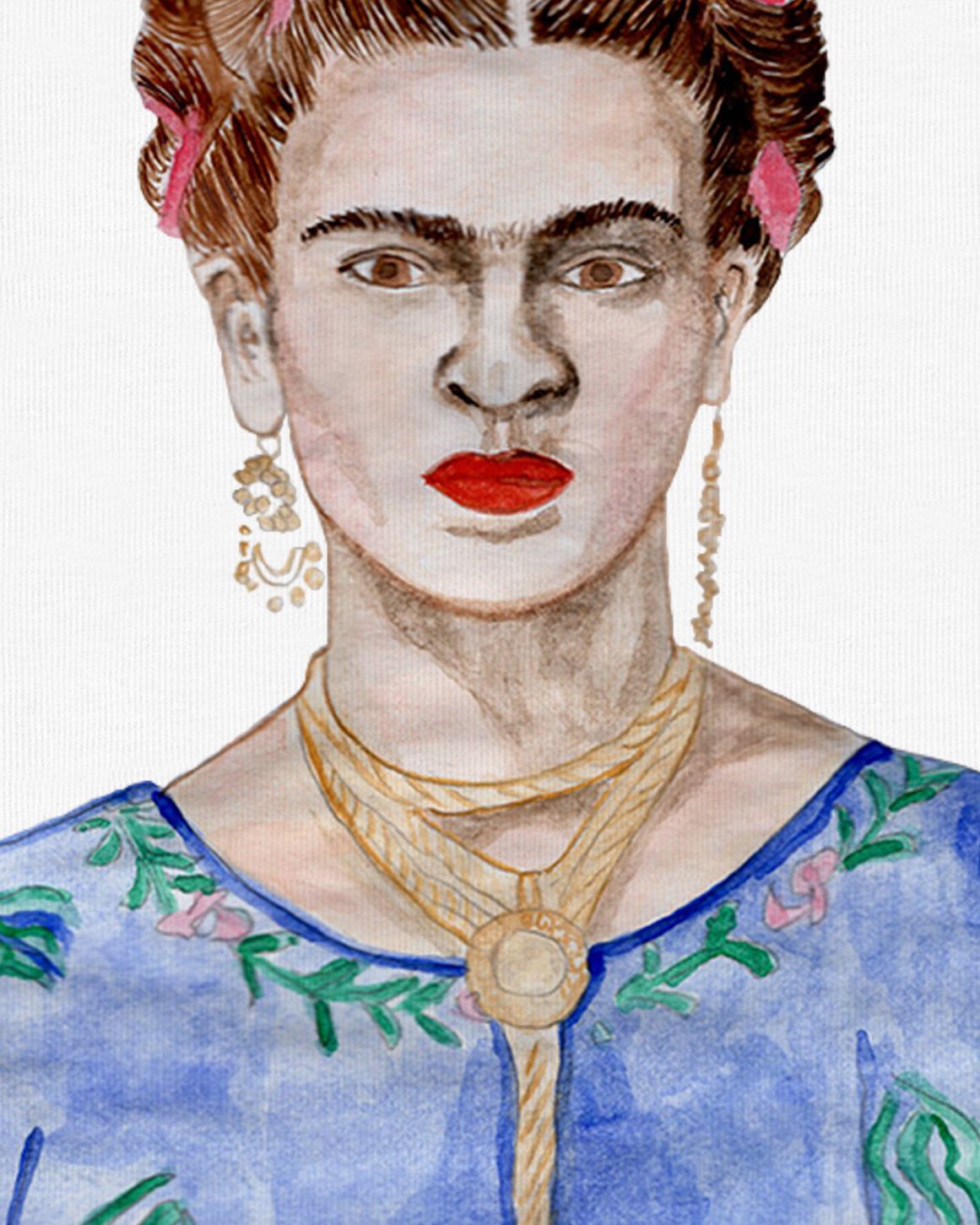 White Cropped Short Sleeve 100% Cotton Tee with original watercolor painting print of the artist Frida Kahlo