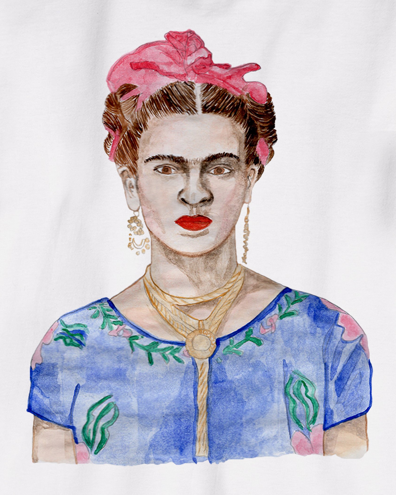 White Organic Short Sleeve 100% Cotton Tee with original watercolor painting print of the artist Frida Kahlo