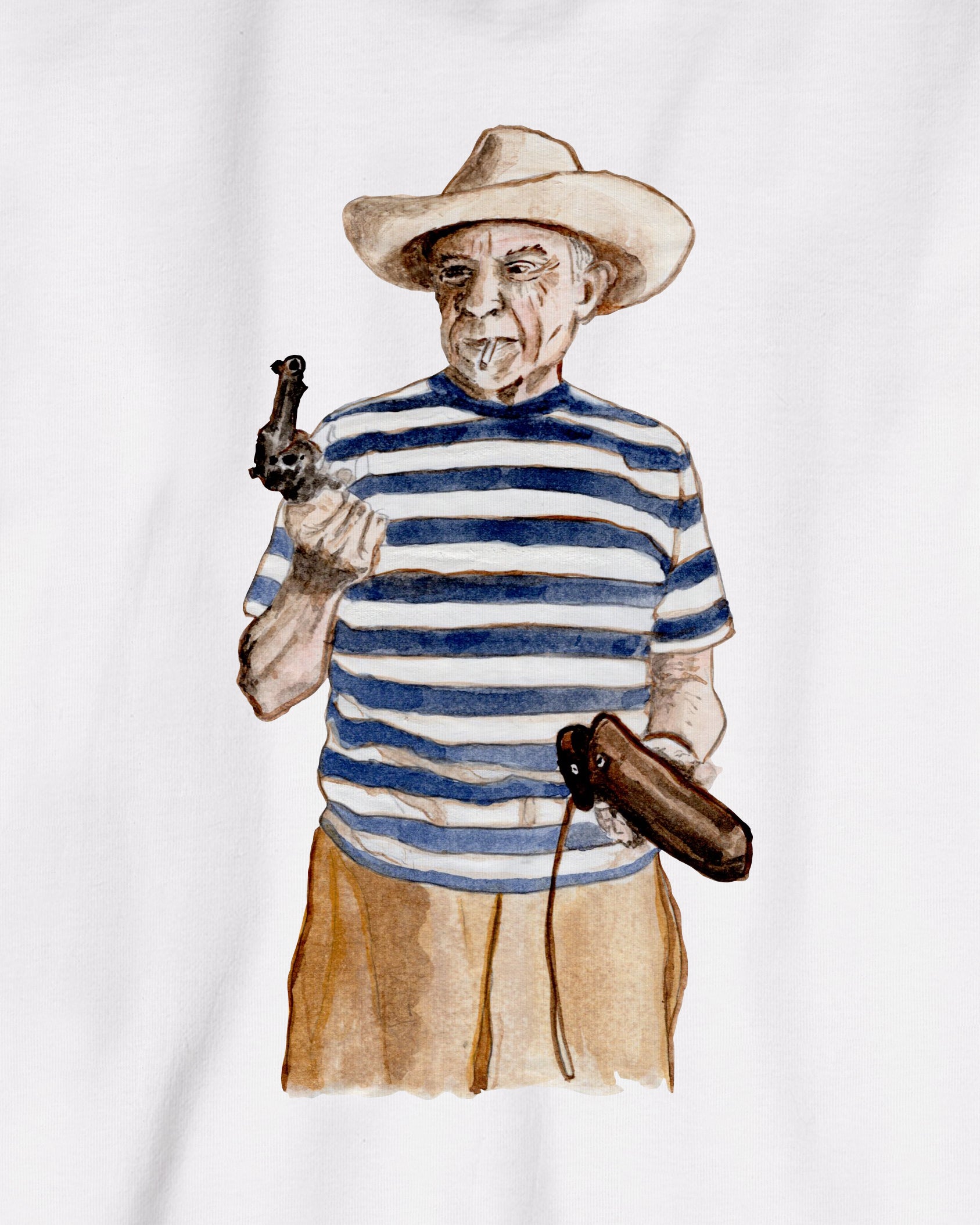White Organic Short Sleeve 100% Cotton Tee with original watercolor painting print of the artist Pablo Picasso
