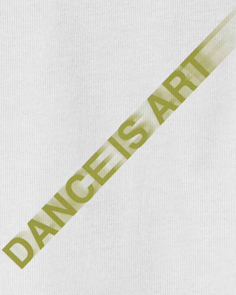 White Ultra Heavyweight Crewneck with typography design that says Dance is Art moving across the chest
