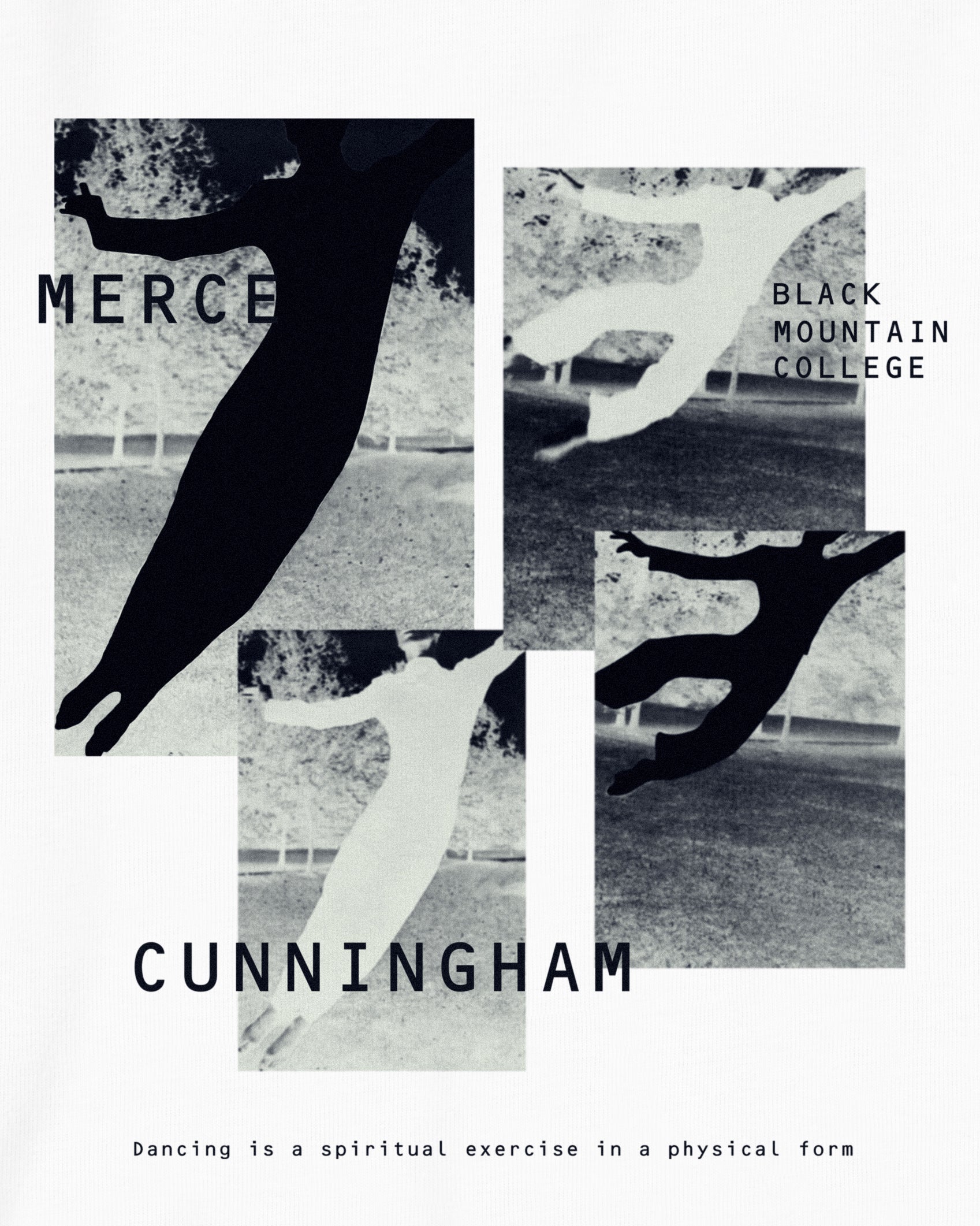 White Ultra Heavyweight Crewneck with cut out images of dancer Merce Cunningham collaged together with Black Mountain College text and a quote from Merce Cunningham