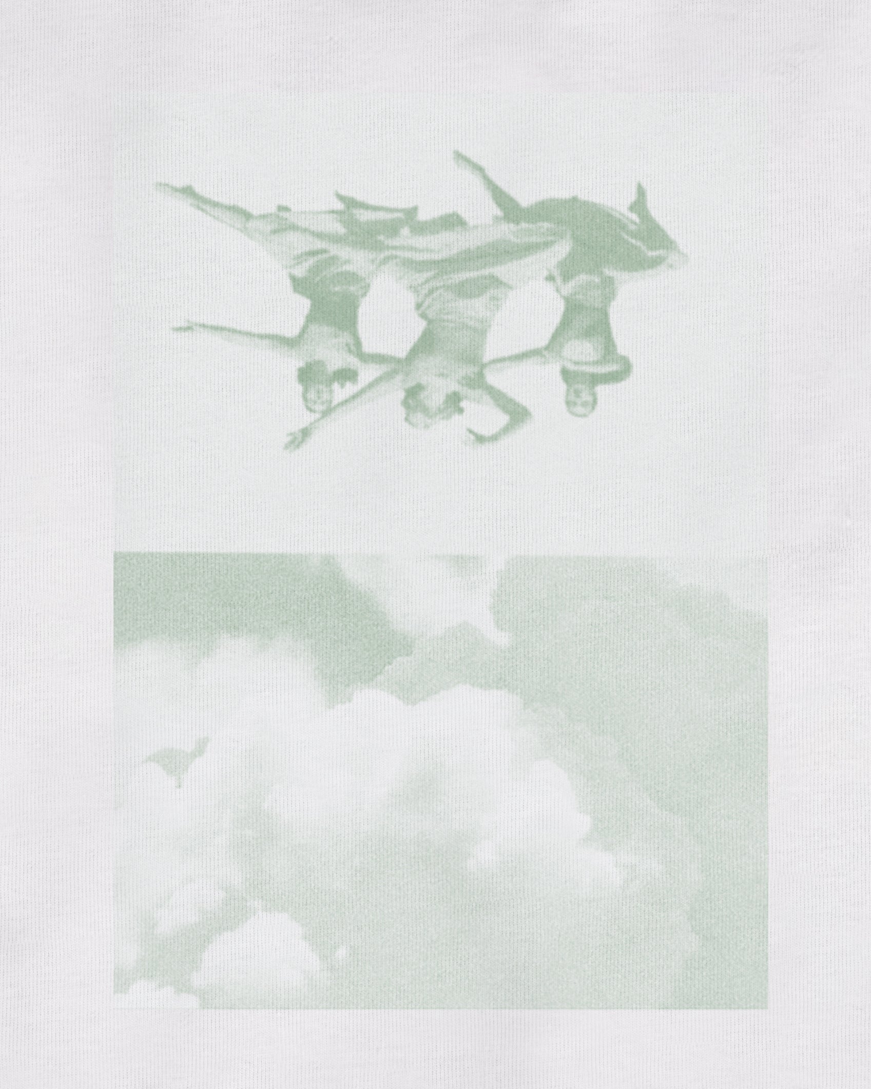 White Short Sleeve 100% Cotton Crop Tee with a collage of a trio of dancers floating over pastel green clouds