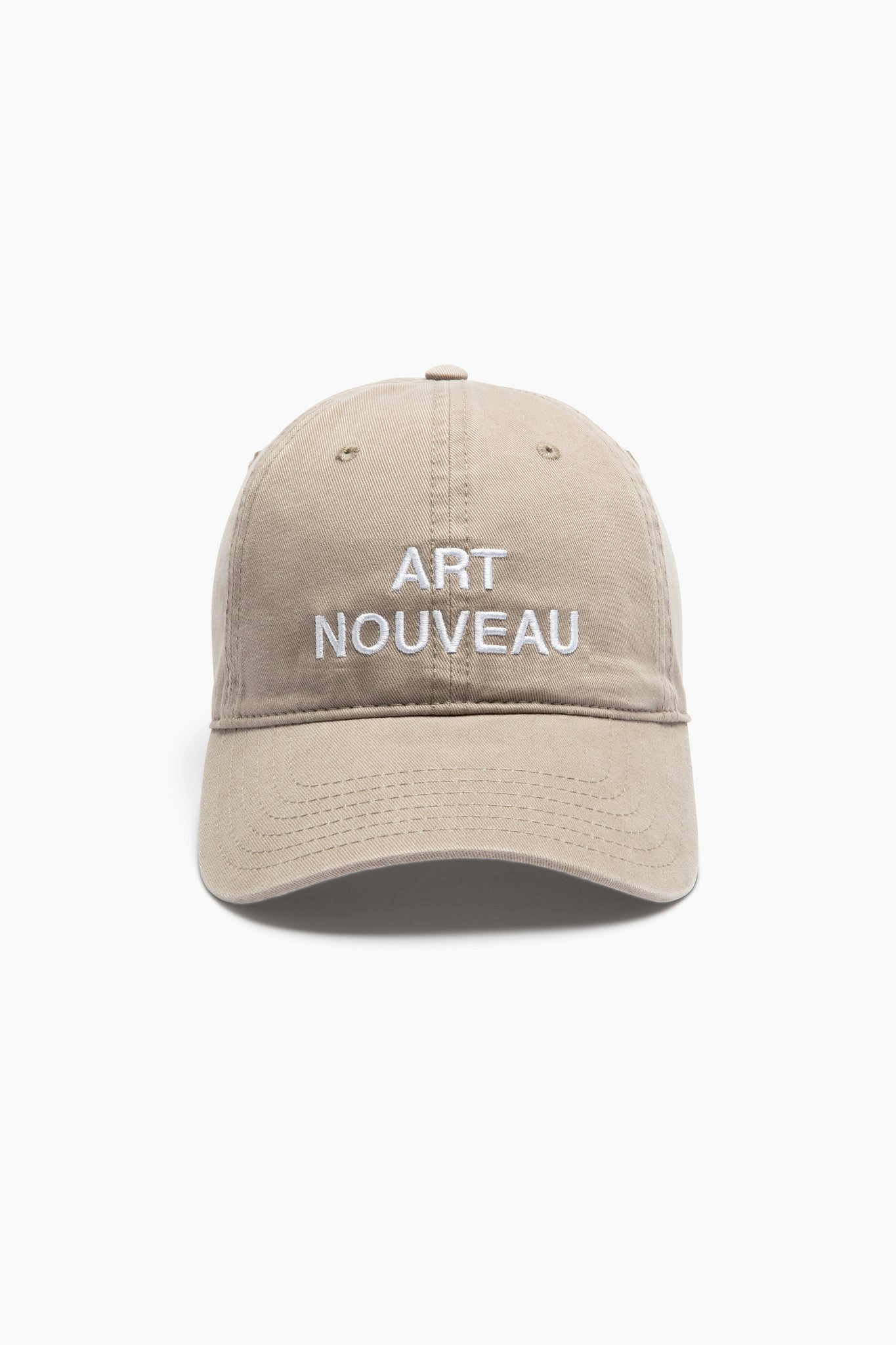 Beige cap with 'ART NOUVEAU' text on a white background