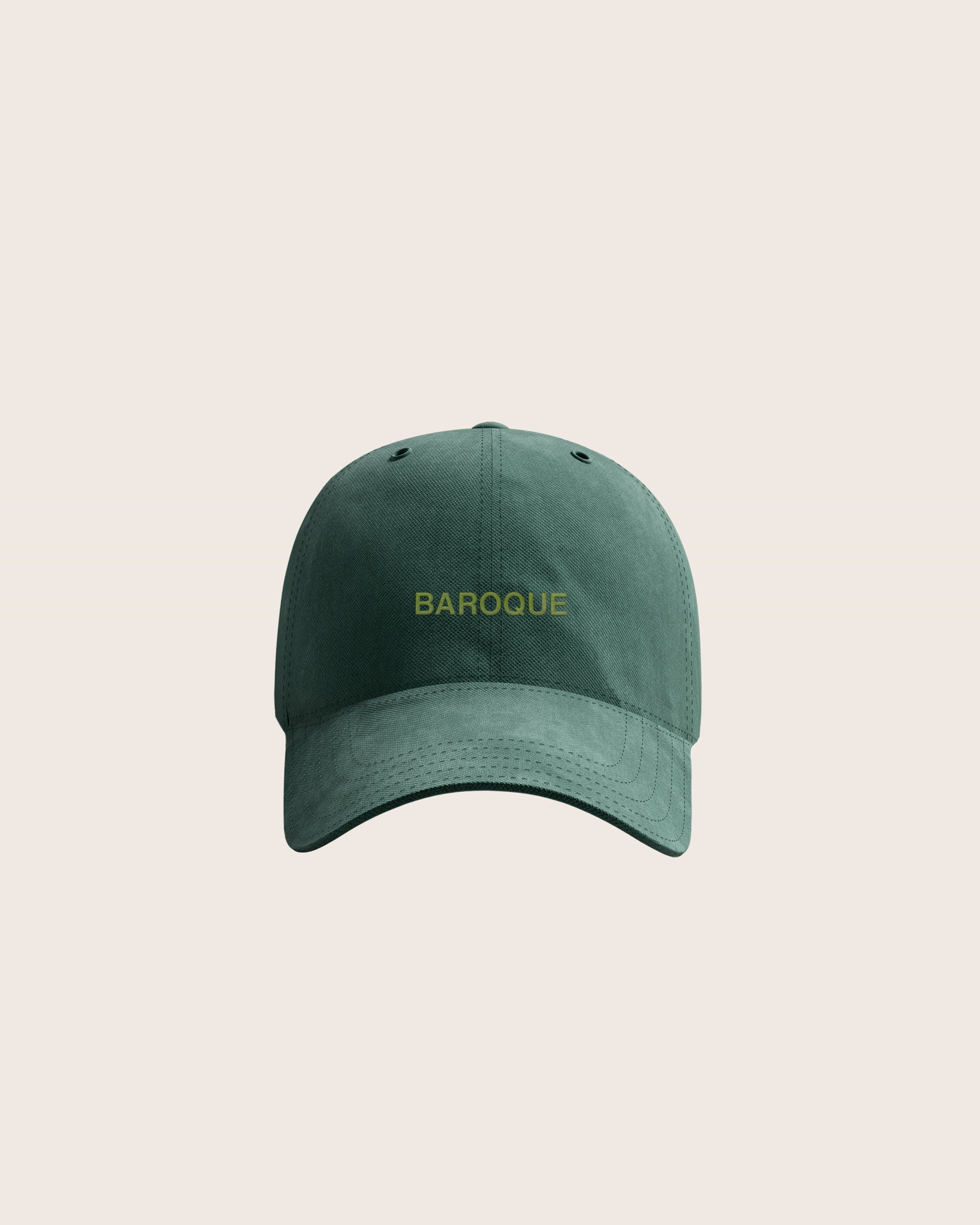 Green Baseball Cap / Dad Hat with Baroque Art Movement Text Embroidery on Front. 100% Cotton.