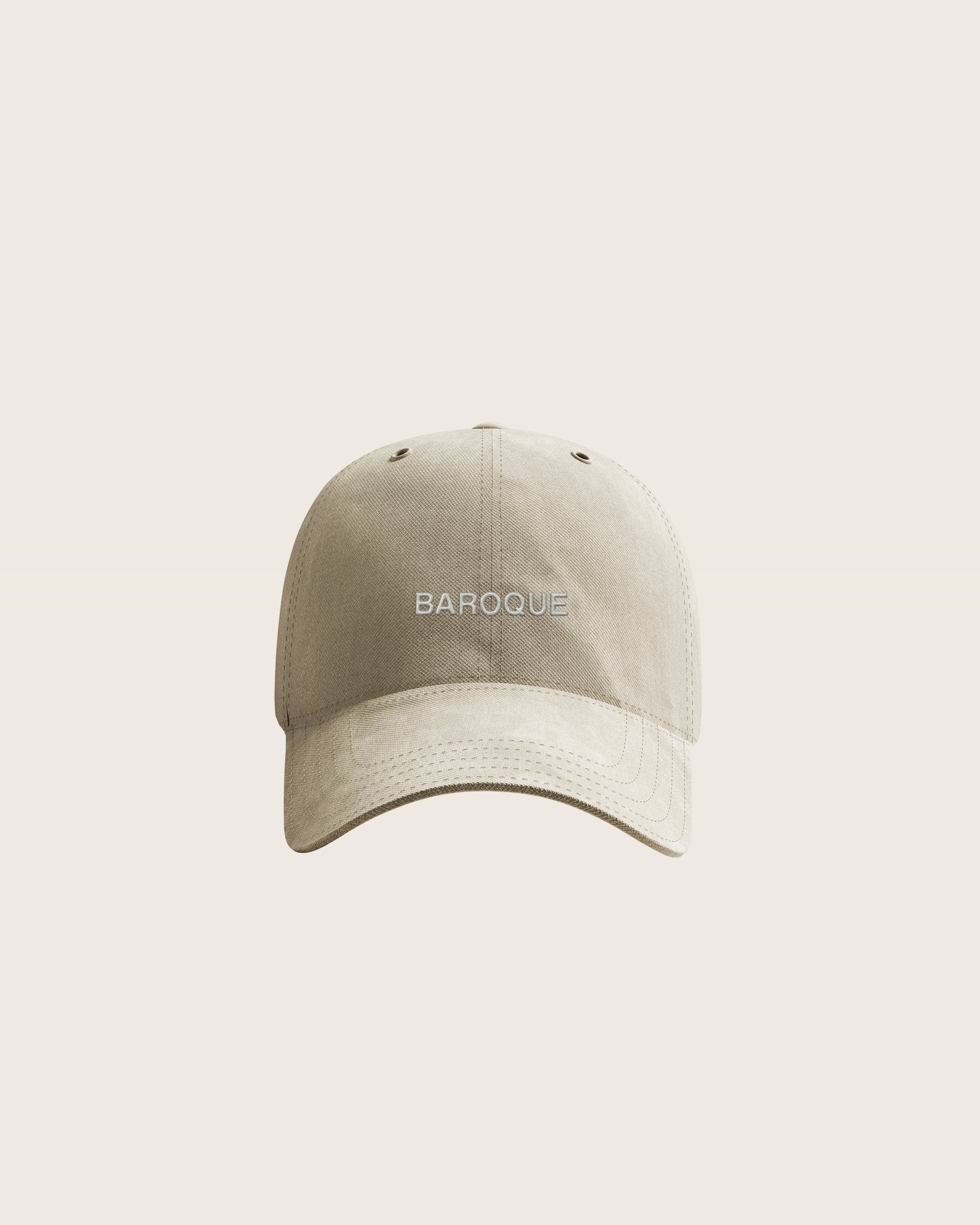 Khaki Baseball Cap / Dad Hat with Baroque Art Movement Text Embroidery on Front. 100% Cotton.