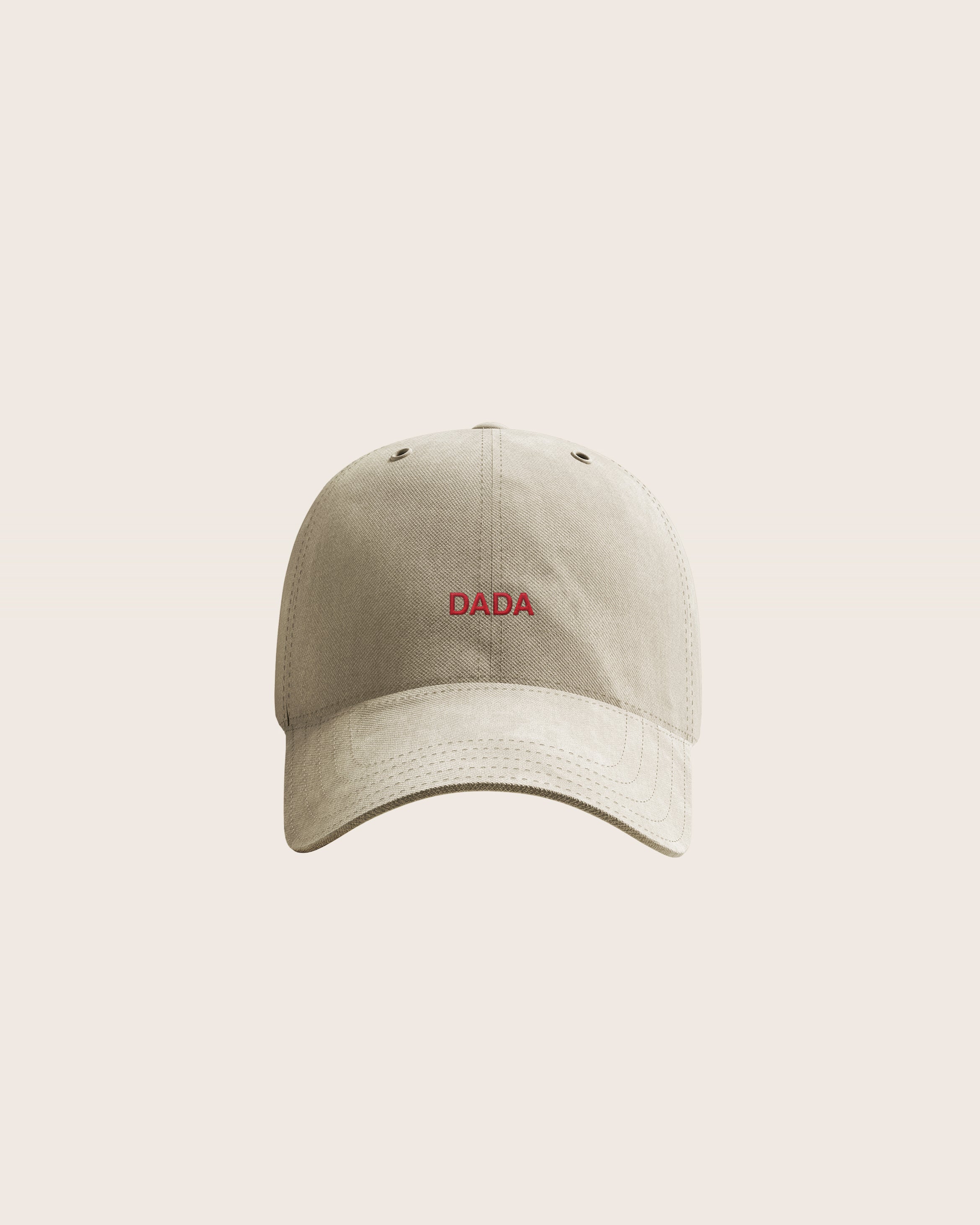 Khaki Baseball Cap / Dad Hat with Dada Art Movement Text Embroidery on Front. 100% Cotton.
