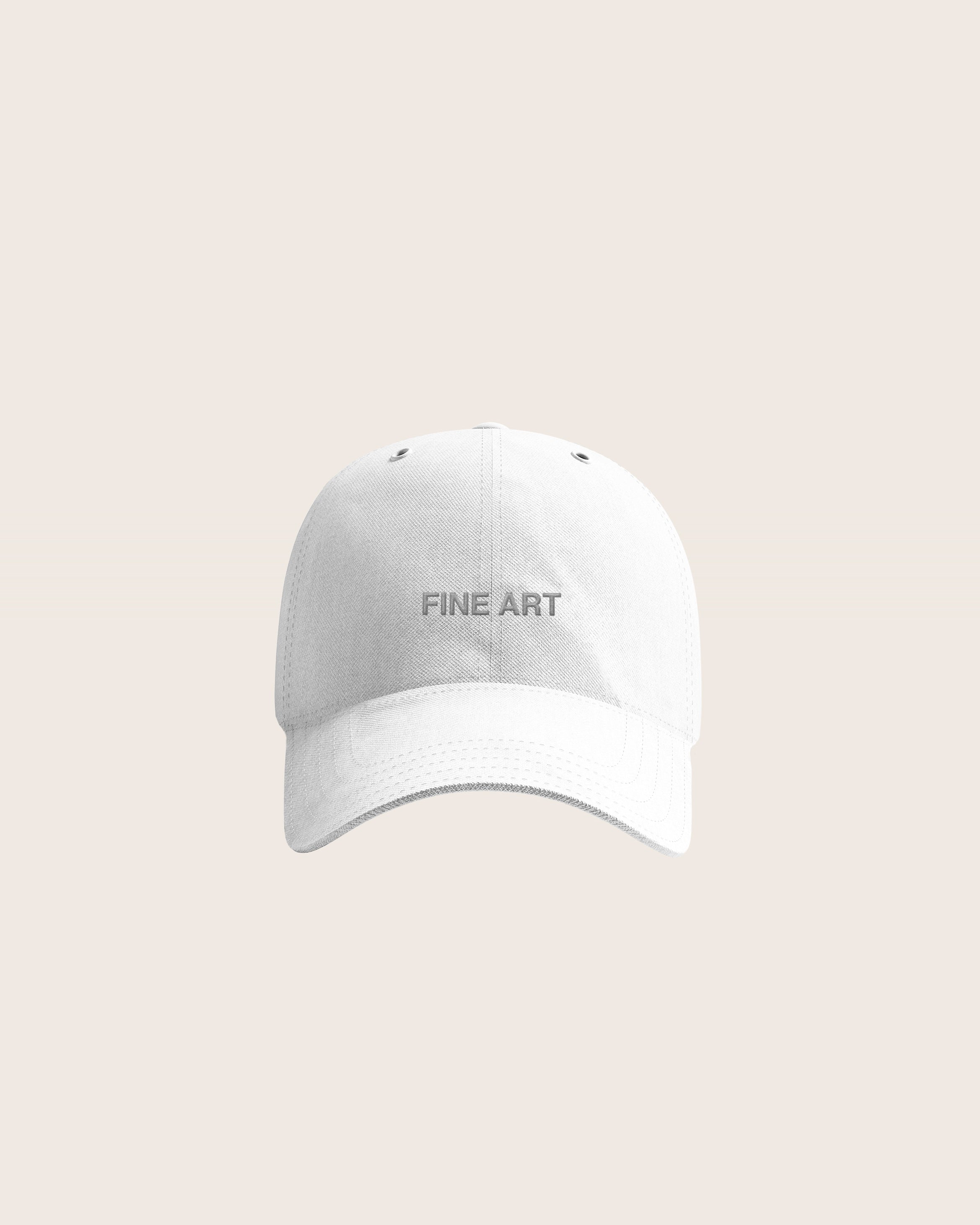 White Baseball Cap / Dad Hat with Fine Art Movement Silver Text Embroidery on Front. 100% Cotton.