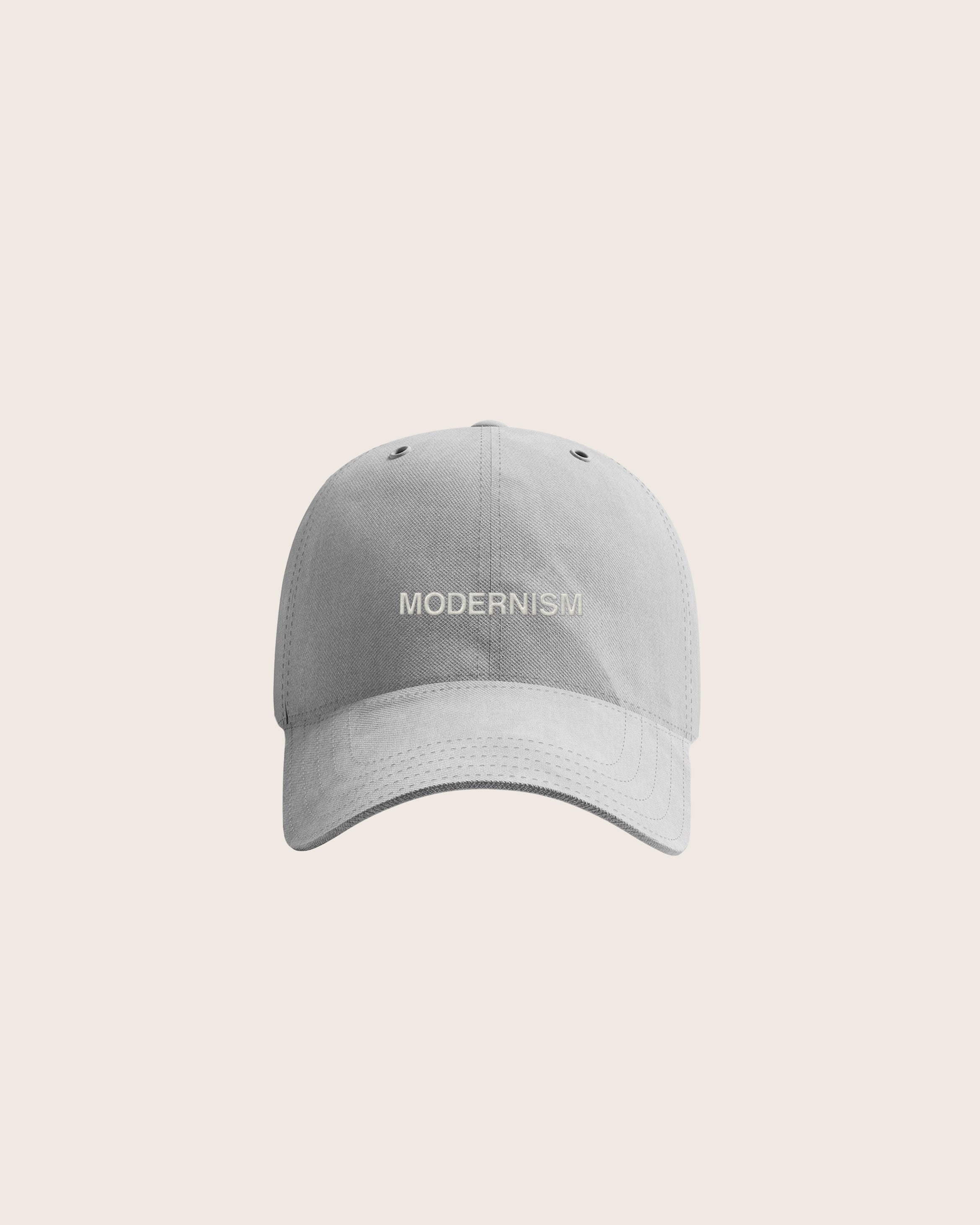 Gray Baseball Cap / Dad Hat with Modernism Art Movement Text Embroidery on Front. 100% Cotton.