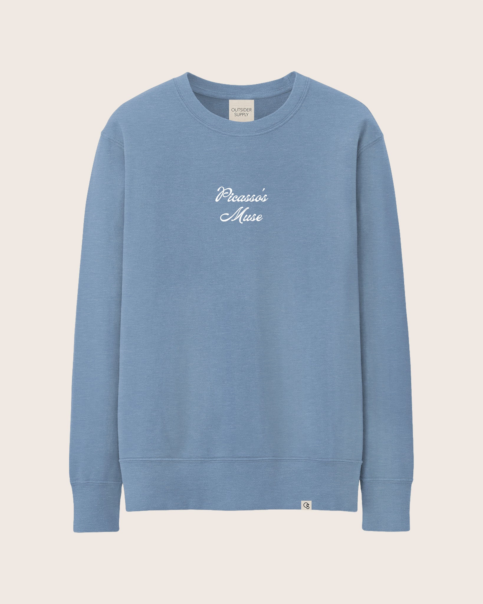 Pastel / Blue Heavyweight Sweatshirt / Crewneck with embroidered script of Picasso’s Muse. 