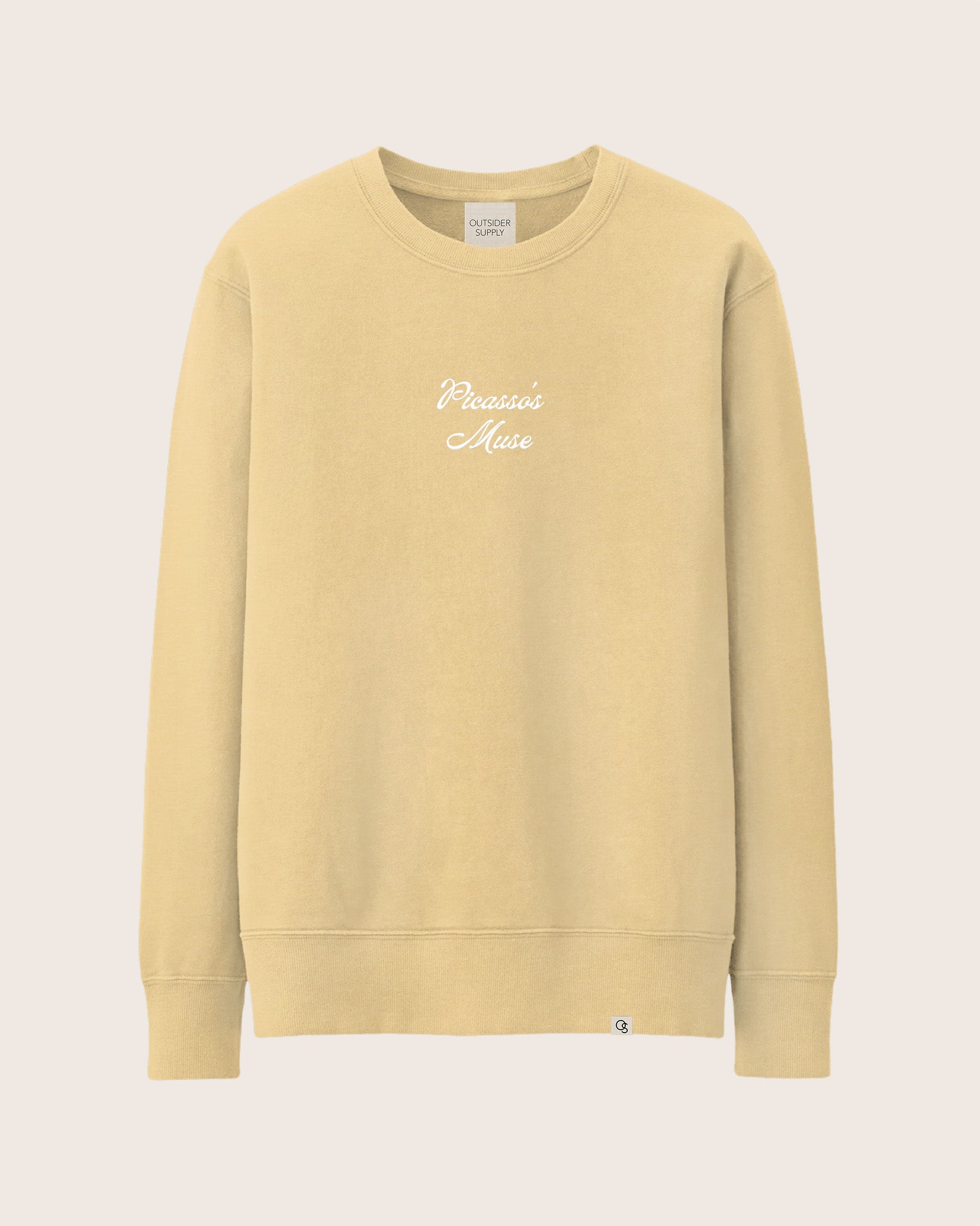 Pastel / Yellow Heavyweight Sweatshirt / Crewneck with embroidered script of Picasso’s Muse. 