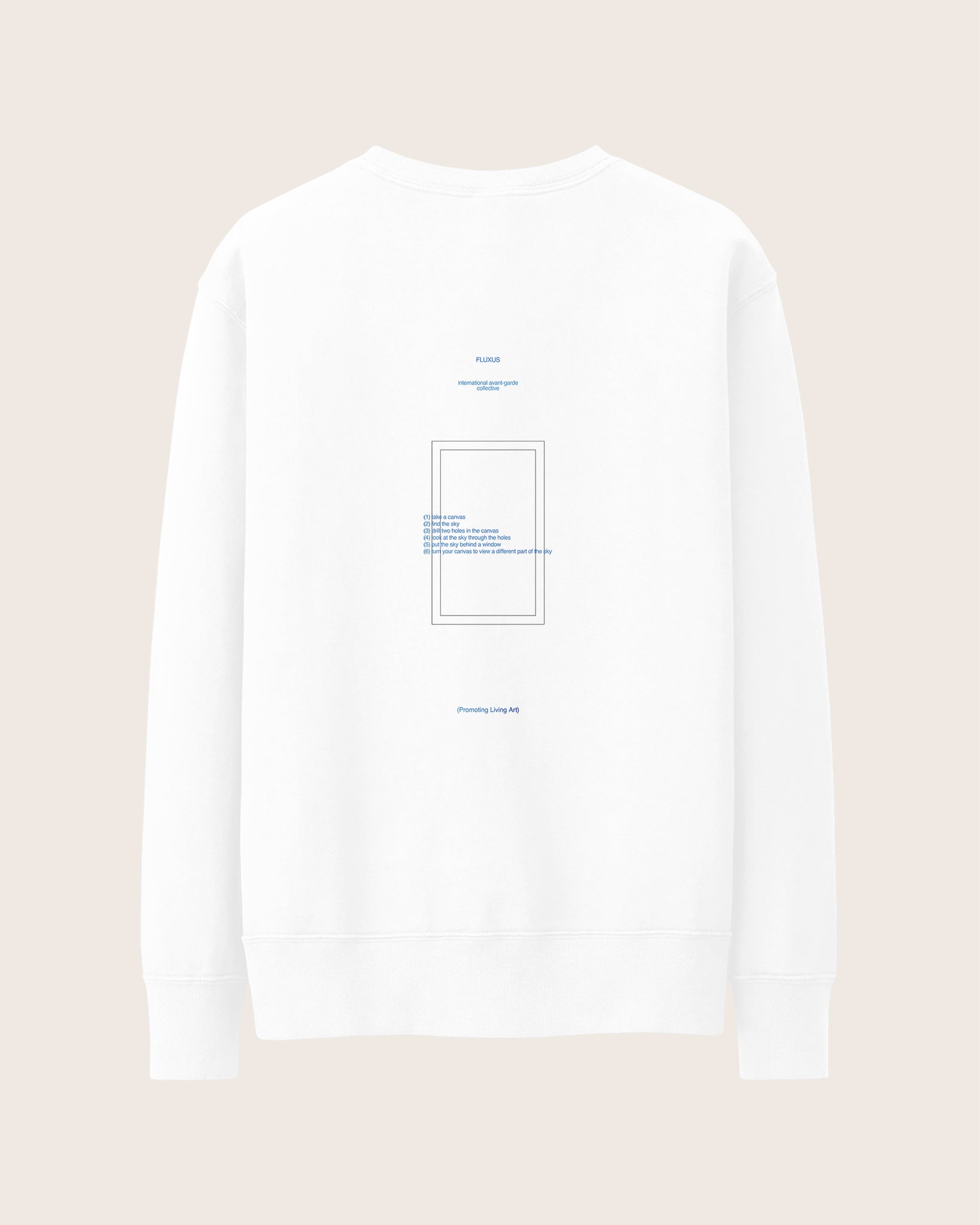 White Heavyweight Sweatshirt / Crewneck with graphic print of a Visualized 1960s conceptual art piece from Yoko Ono’s Grapefruit. 