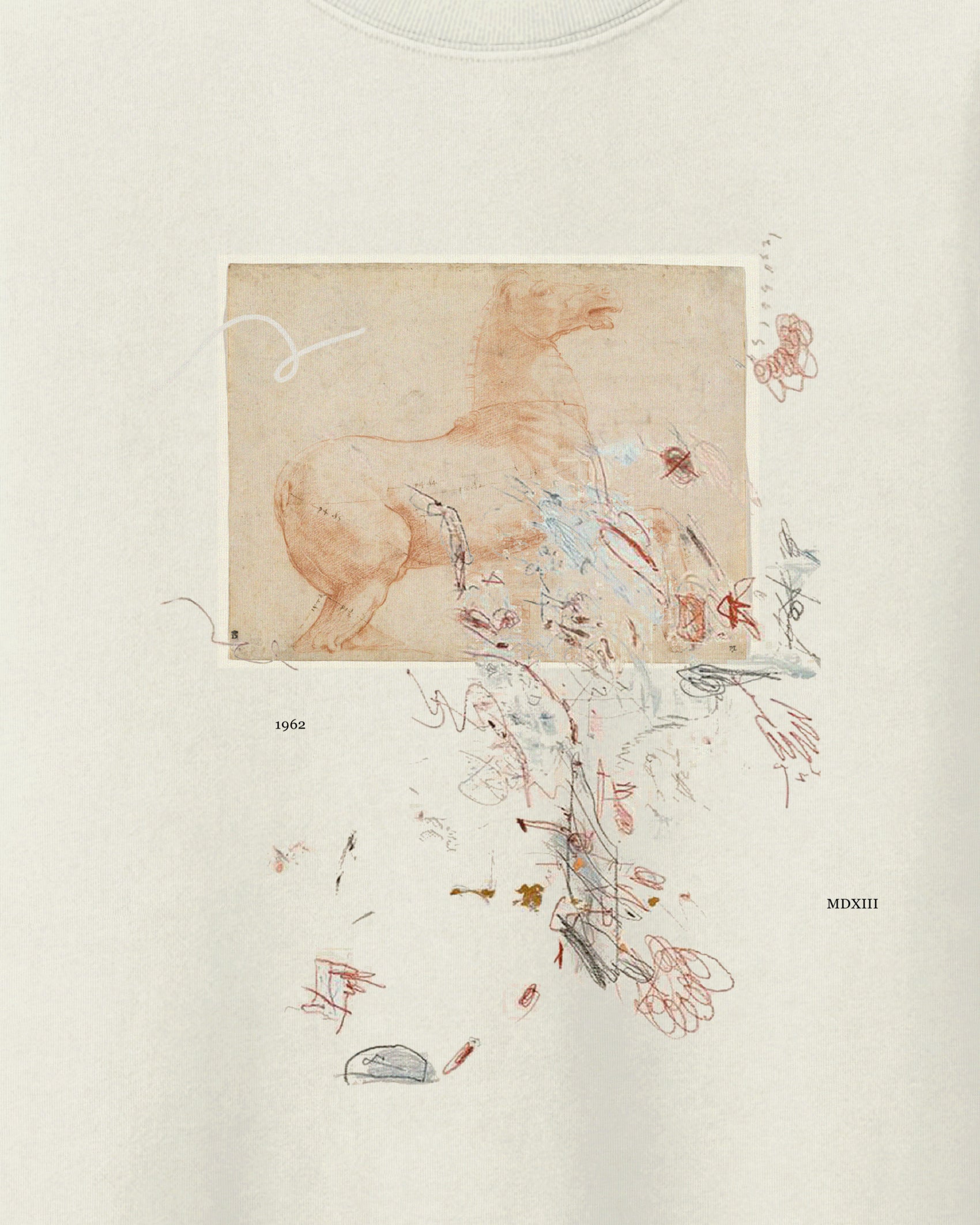 Cream / Off White / Ceramic Heavyweight Sweatshirt / Crewneck with Graphic Print of Raphael A Marble Horse on the Quirinal Hill [recto], c. 1513 Renaissance Art Movement.