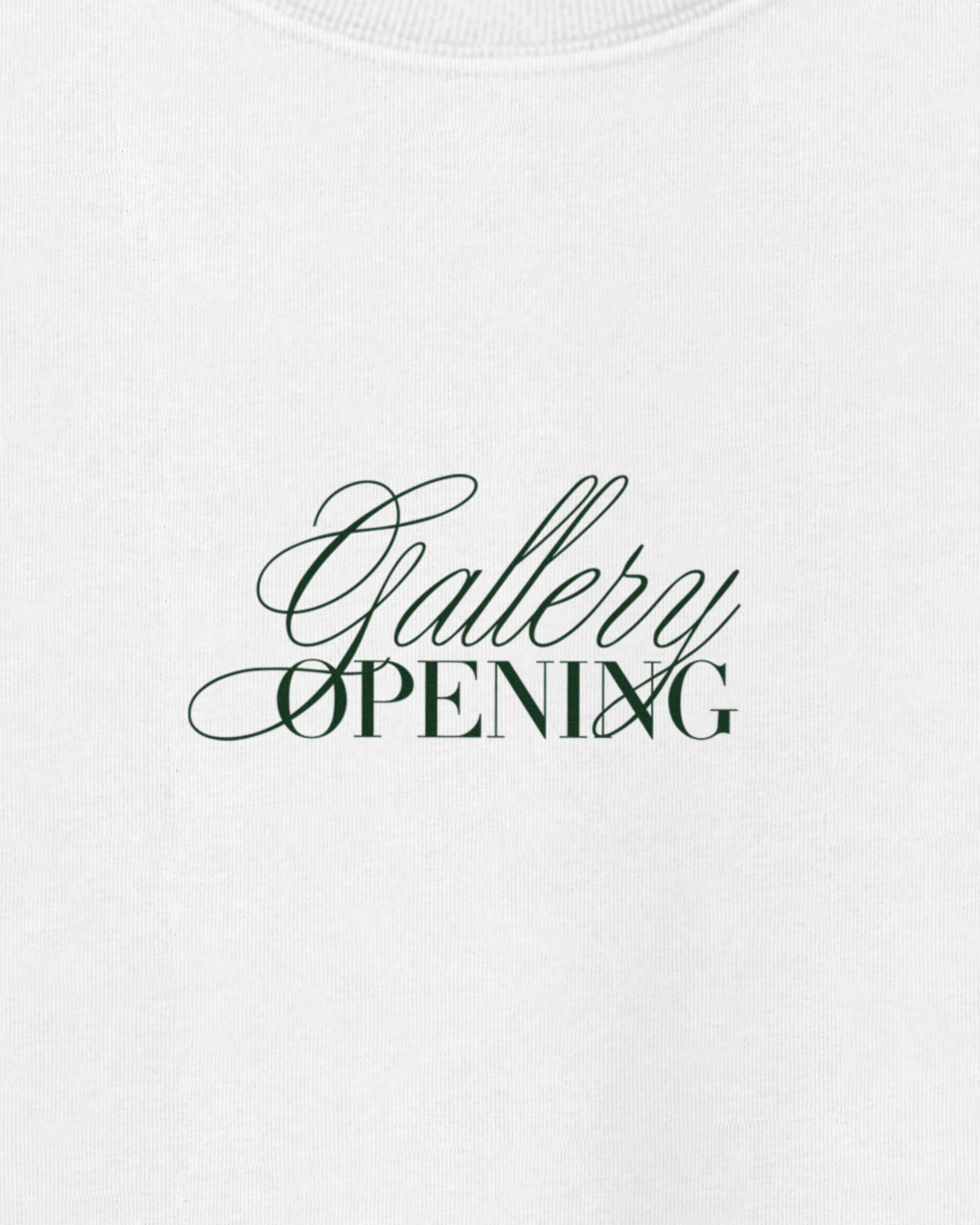 Gallery Opening Printed Green Script 100% Organic Cotton White Long Sleeve Tee.