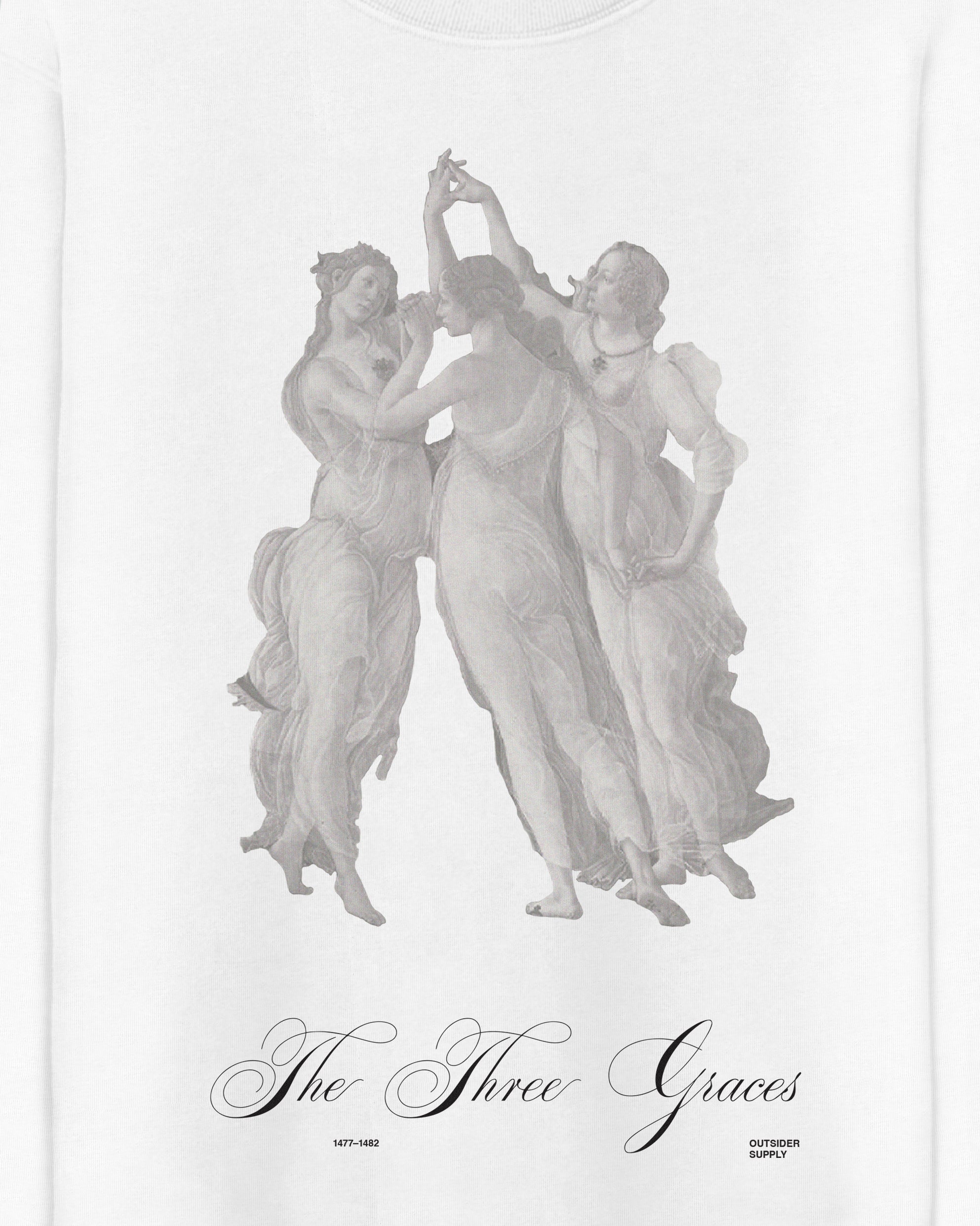 The Three Graces Printed Script Sandro Botticelli Primavera Organic Long Sleeve 100% Cotton White Tee.