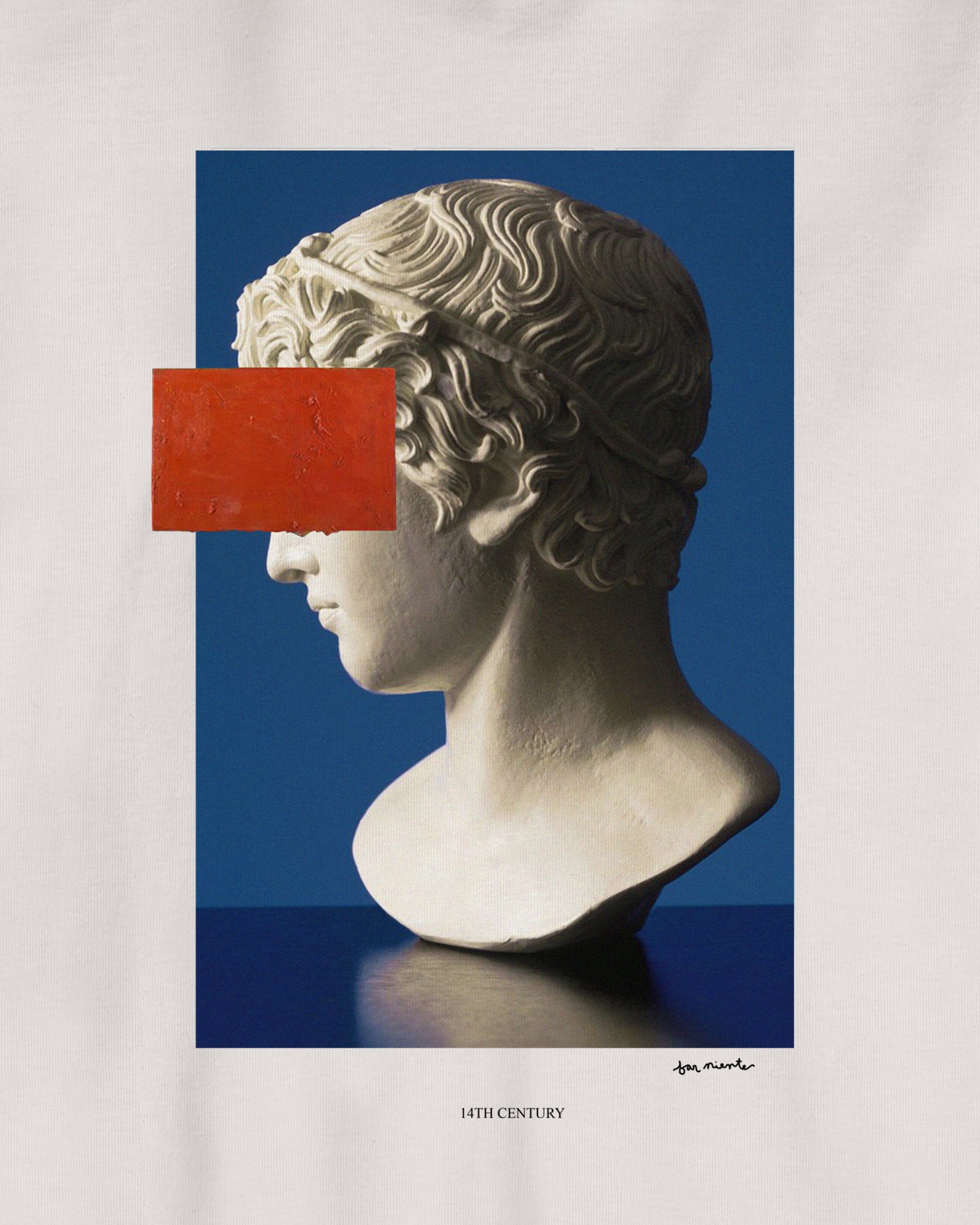 Cream / Off White/ Ceramic Organic Short Sleeve 100% Cotton Tee with graphic print of a classical Renaissance Sculpture with Expressionist red square  Renaissance Art Movement.
